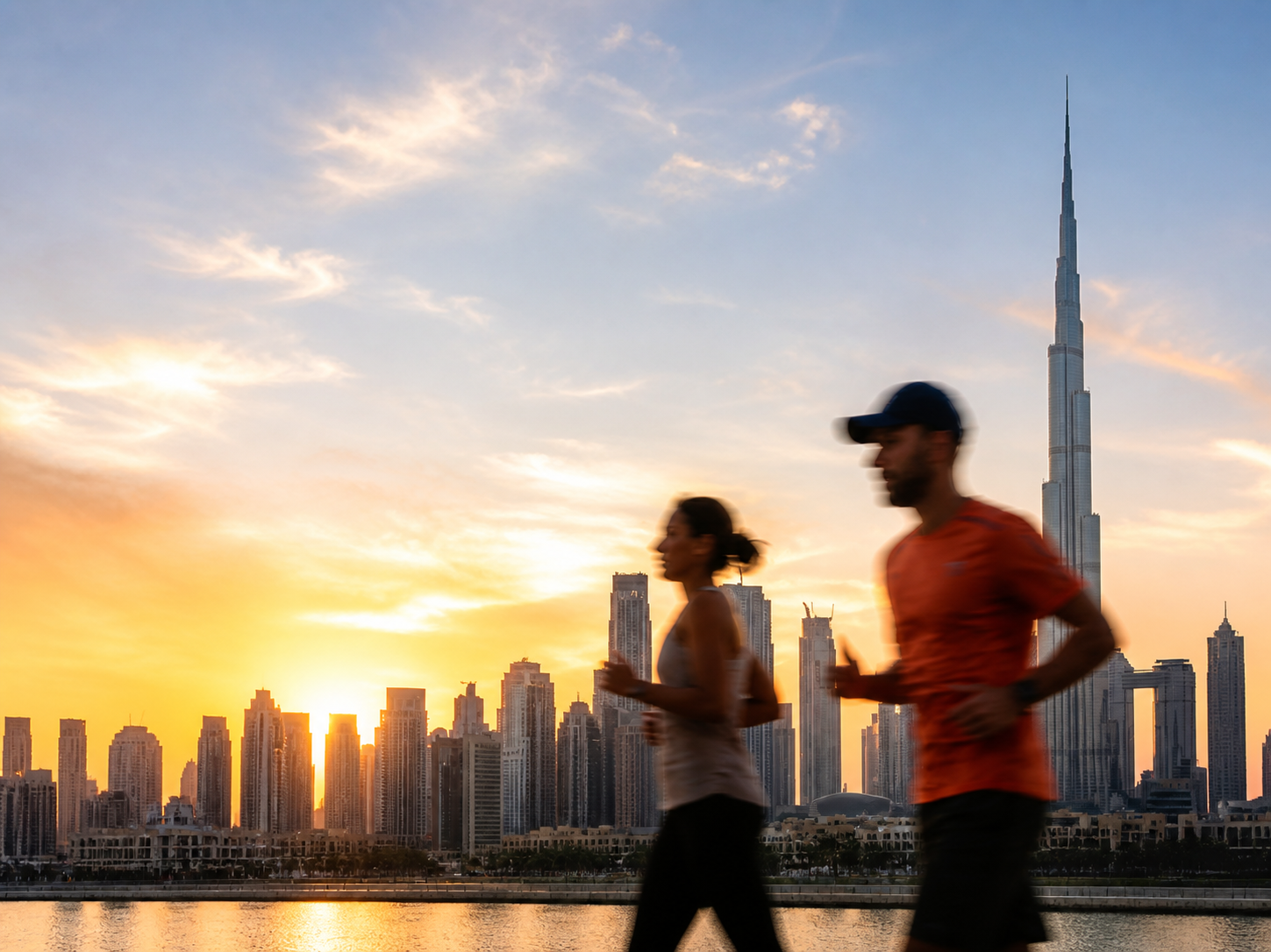 Runners moving through Downtown Dubai at sunset
